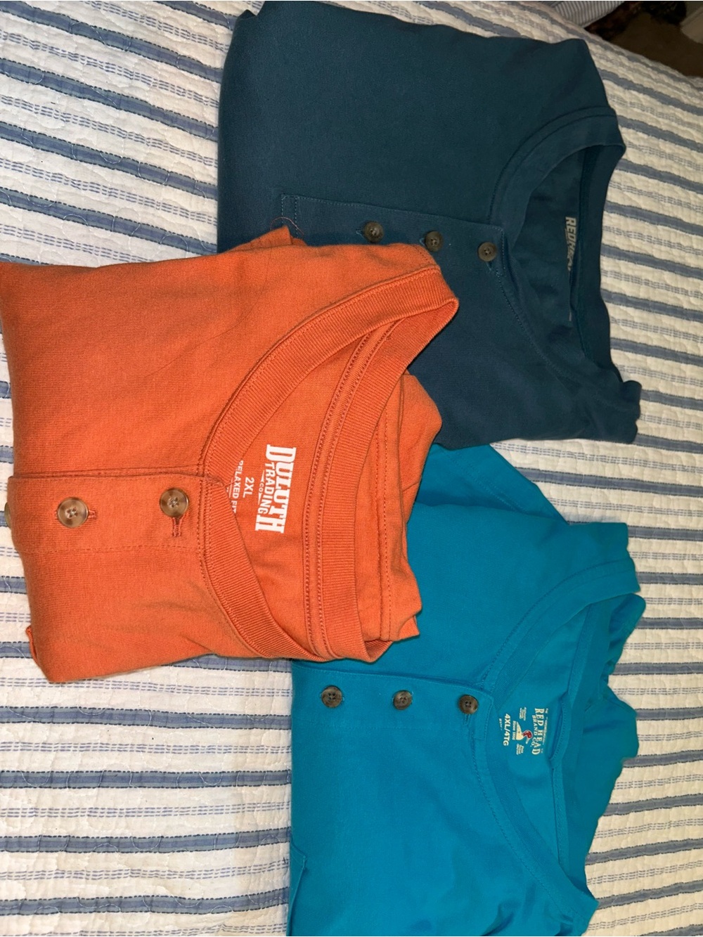 Duluth Trading and Redhead Triple Henley Pack - Teal, Orange, Teal Blue POCKETS